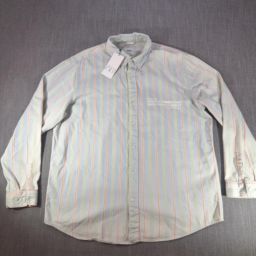 Zara Shirt Mens XL Blue Stripe Denim Long Sleeve Button Up Relaxed Fit Casual